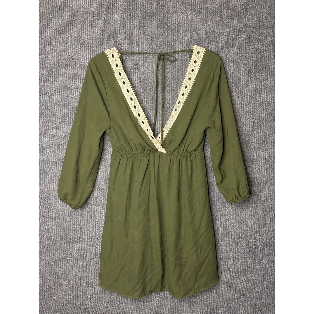 Vintage Illa Illa Olive Green Crochet Trim Deep V-Neck Lace Whimsy Top Small